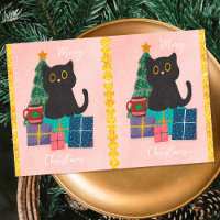 Joyeux Noël Festif Mignon Chat Noir Café Rose