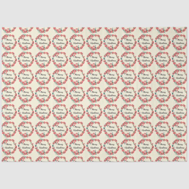 Papier Mousseline Joyeux Noël Rouge Floral Aquarelle Wreath (Recto)
