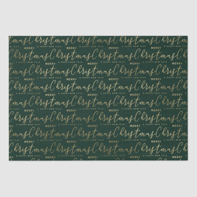 Papier Mousseline Joyeux Noël Texte Élégant Vert et Or (Recto)