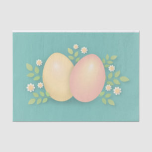 Papier Mousseline Joyeux oeufs de Pâques et fleurs bleu doux