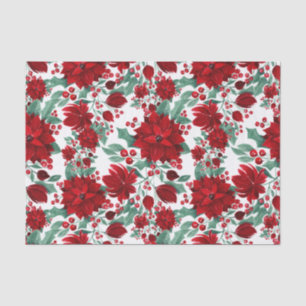 Papier Mousseline Joyeux rouge Poinsettia Fleurs Feuilles ivoire Aqu