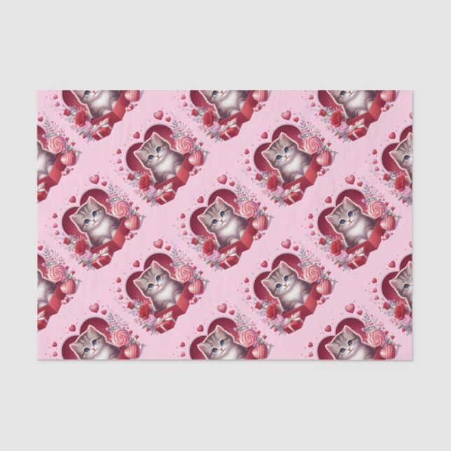 Papier Mousseline Kitten assis en boîte avec des fleurs et des cadea (Recto)