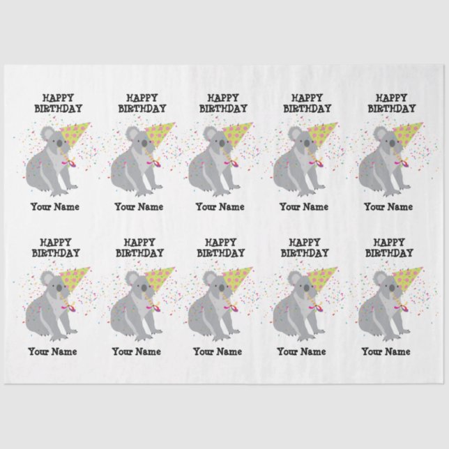 Papier Mousseline Koala - Animaux ayant une fête Garçons Filles Nom (Recto)