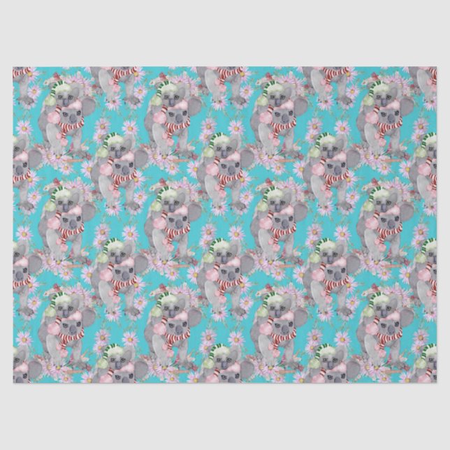 Papier Mousseline Koala Noël Botanique Vintage Bleu (Recto)