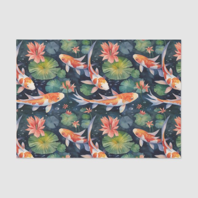 Papier Mousseline Koi Fish Green Lily Pads Pond Decoupage (Recto)