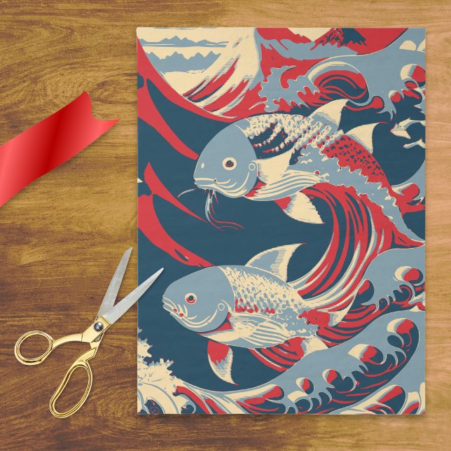 Papier Mousseline Koi Fish in Great Wave Style with Red Navy Blue (Créateur téléchargé)