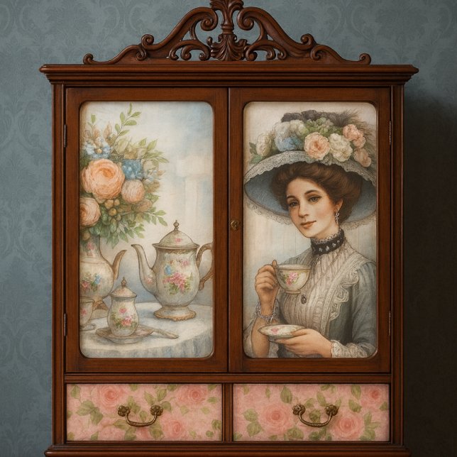 Papier Mousseline La dame victorienne au chapeau fleuri prend le thé (Victorian cabinet mockup with decoupage styled to spark creative ideas for elegant home decor.)