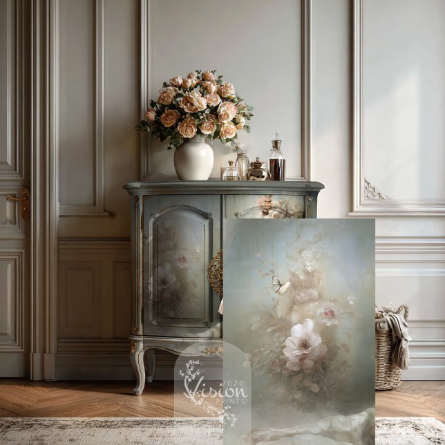 Papier Mousseline La Dauphine Blush Rose Papillon Fuschée (Blush floral panel beside sage cabinet with peach flowers in French hallway)