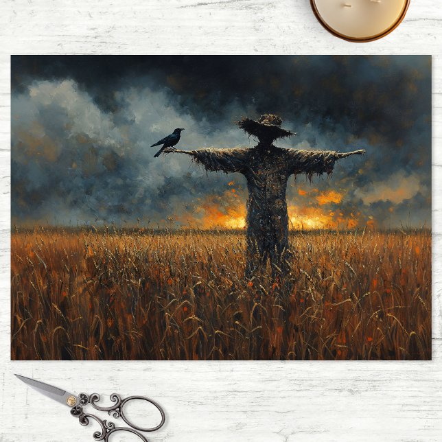 Papier Mousseline La montre en découpage de l'épouvantail (Decoupage tissue paper sheet with a scarecrow in a corn field with a crow perched on its arm.)