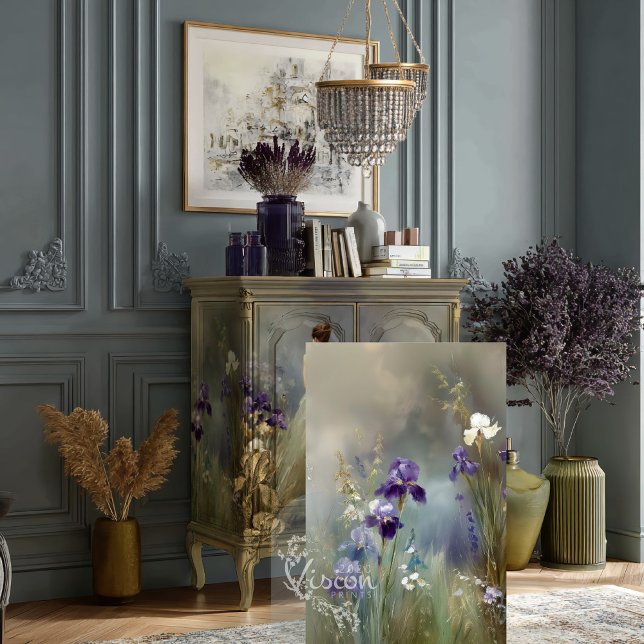 Papier Mousseline La Sagesse de la Muse Iris Pourpre Profond Sage d' (Sage green vintage cabinet with artwork behind glass purple dried flowers pampas gold accessories)