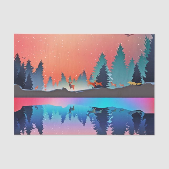 Papier Mousseline Lac d'hiver pittoresque avec Cerf (Recto)