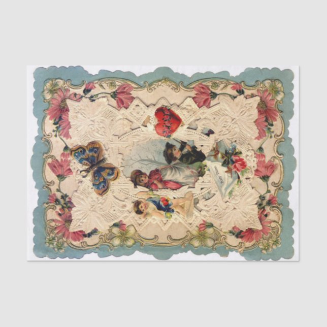 PAPIER MOUSSELINE LACE ANTIQUE VALENTINE, CUPIDE, AMOUREUX ET BOUTTE (Recto)