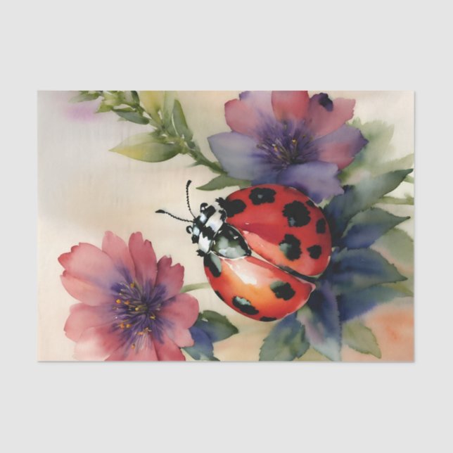 Papier Mousseline Ladybug On Flowers Watercolor Art (Recto)
