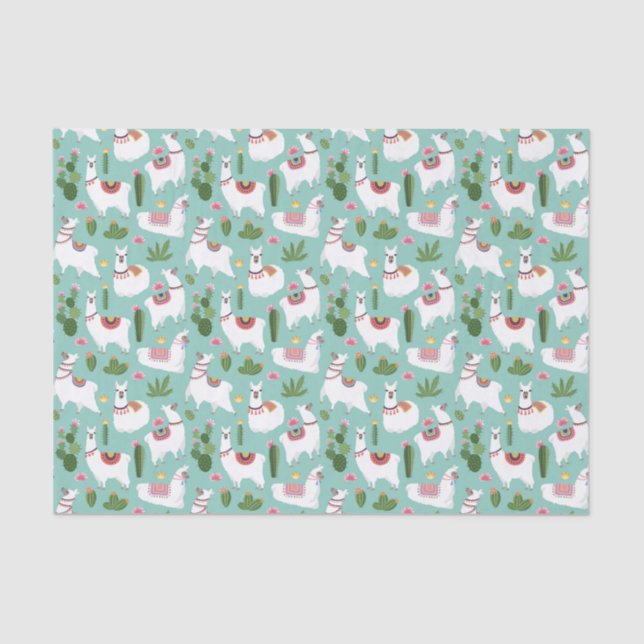 Papier Mousseline Lamas mignons sur le motif turquoise (Recto)