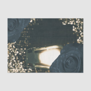 Papier Mousseline Lanterne Rustique Lumière Bleu Clair Roses Noires