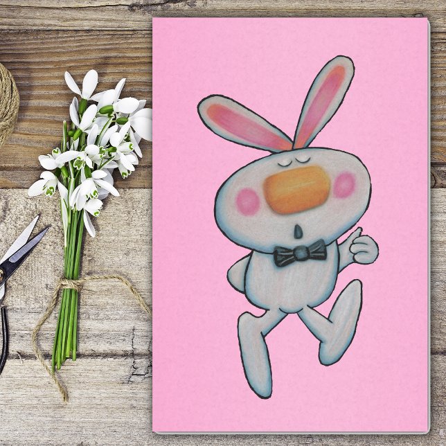 Papier Mousseline Lapin Blanc Caricature Laissant Les Pouces Vers Le (Cartoon white bunny rosy cheeks giving thumbs up sign on bright pink tissue paper.)