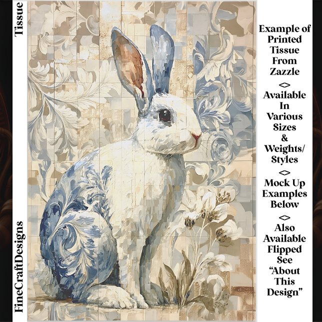 Papier Mousseline Lapin blanc, Motif Floral bleu EC4R Découpage (Créateur téléchargé)