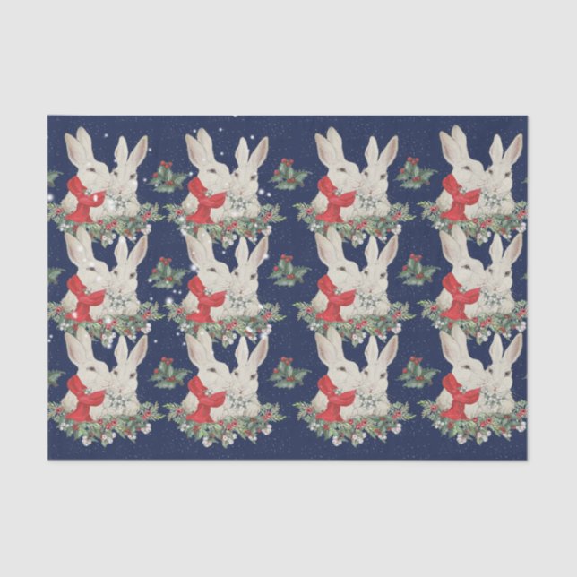 Papier Mousseline Lapin de Noël bleu lapins neige hiver Whimsica  (Recto)