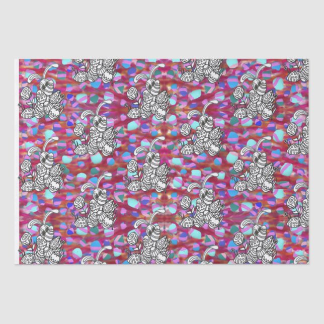 Papier Mousseline Lapin de Pâques avec oeufs sur le rouge (Recto)