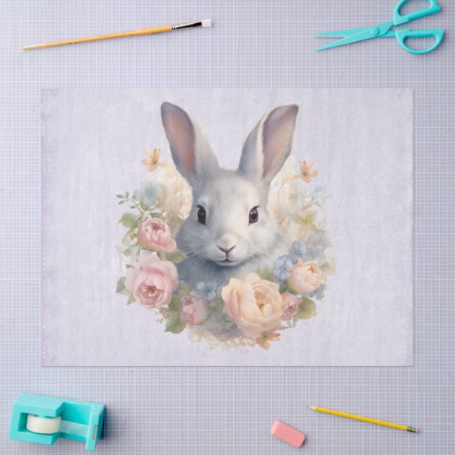Papier Mousseline Lapin entouré de fleurs pastel Mignon (Artisanat)