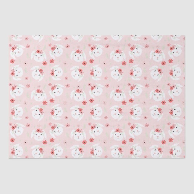 Papier Mousseline Lapin Fleur Couronne rose (Recto)