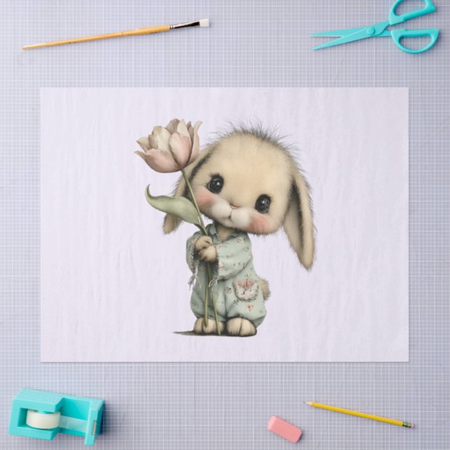 Papier Mousseline Lapin mignon tenant une Tulipe (Artisanat)