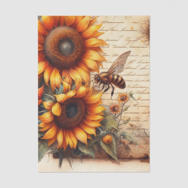 Papier Mousseline Large and Small Sunflowers with Bees and Script (Recto)