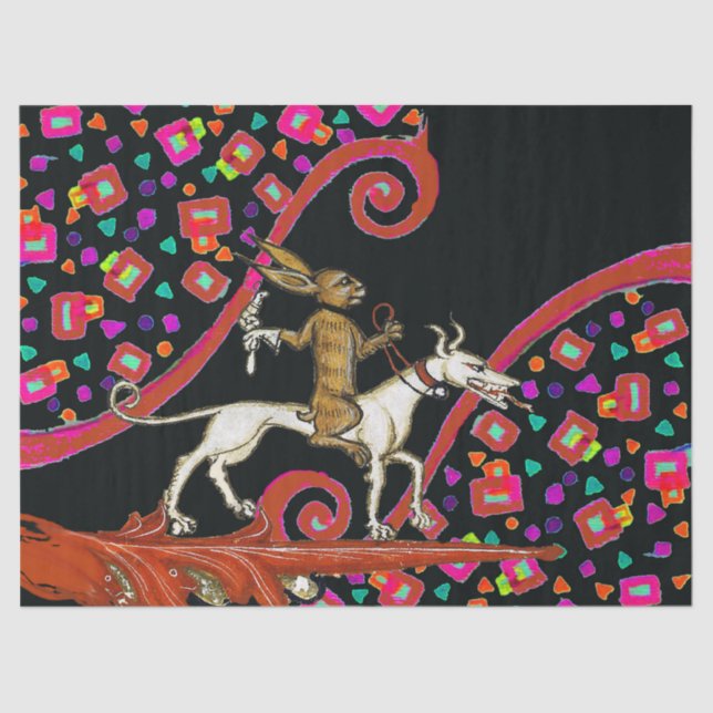 Papier Mousseline LARGE BESTIAIRE MÉDIÉVAL Lapin chevauchant un chie (Recto)