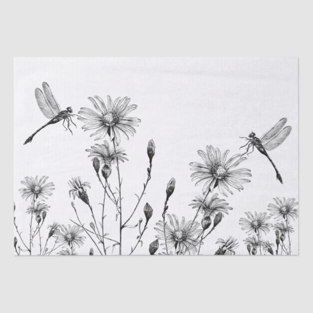Papier Mousseline LARGE Fleur sauvage Déchoupage de libellules Noir  (Recto)