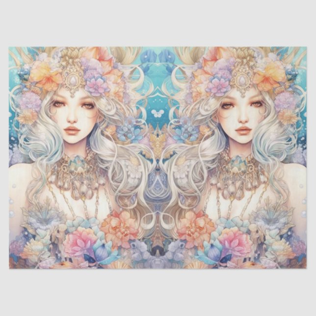 Papier Mousseline Large Pastel Watercolor Floral Mermaid Decoupage (Recto)