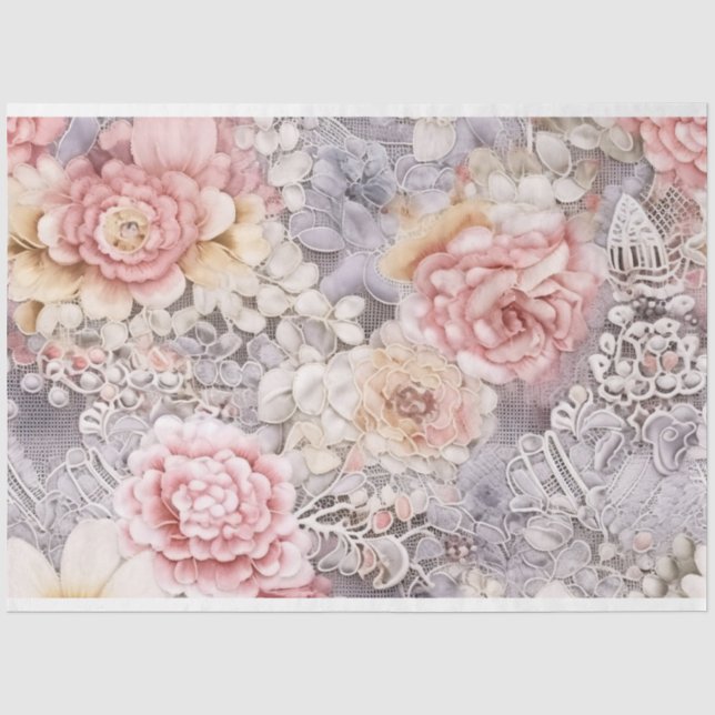Papier Mousseline Lavender Floral & Dentelle Découpage (Recto)