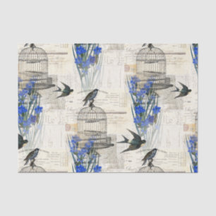 Papier Mousseline Le bleu vintage de cage à oiseaux d'oiseau fleurit
