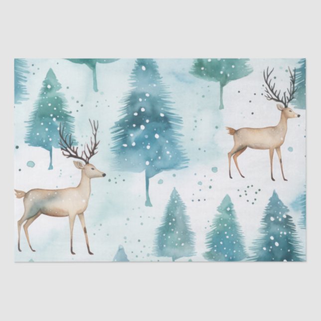 Papier Mousseline Le Cerf D'Aquarelle En Forêt D'Hiver Noël (Recto)