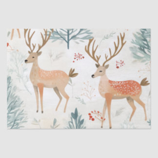 Papier Mousseline Le Cerf D'Aquarelle En Forêt D'Hiver Noël