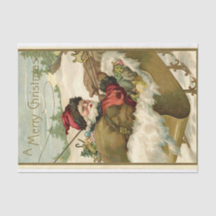 Papier Mousseline Le Père Noël vintage dans son traîneau avec jouets