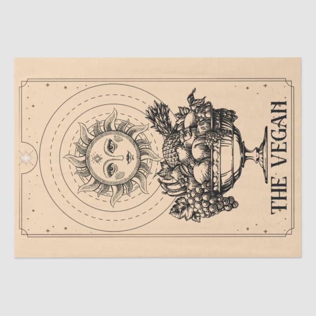 Papier Mousseline Le Vegan stylisé soleil gravé abondants fruits (Recto)