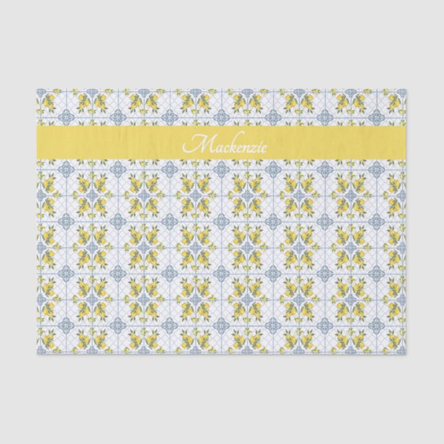 Papier Mousseline Lemon Blue Watercolor French Country Name Monogram (Recto)