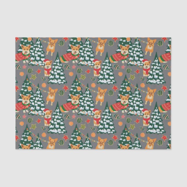 Papier Mousseline Les Corgis décorent l'arbre de Noël - motif gris (Recto)