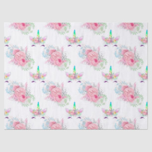 Papier Mousseline Les visages de Unicorne avec des fleurs roses sur