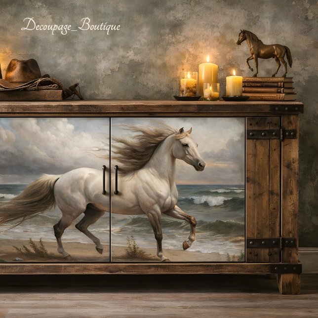 Papier Mousseline L'étalon blanc au bord de la mer (White Stallion By The Sea Decoupage Tissue Paper Mockup)