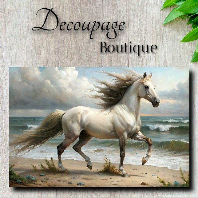 Papier Mousseline L'étalon blanc au bord de la mer (White Stallion By The Sea Decoupage Tissue Paper)