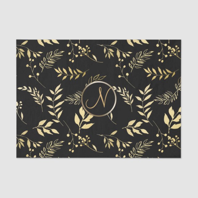 Papier Mousseline Lettre Feuille d'or noir Chic Monogramme initiale (Recto)