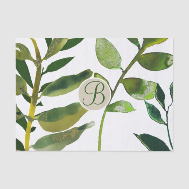 Papier Mousseline Lettre initiale monogramme de feuilles vertes bota (Recto)