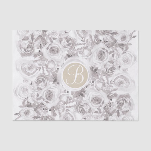 Papier Mousseline Lettre initiale monogramme Roses rustiques blanche (Recto)