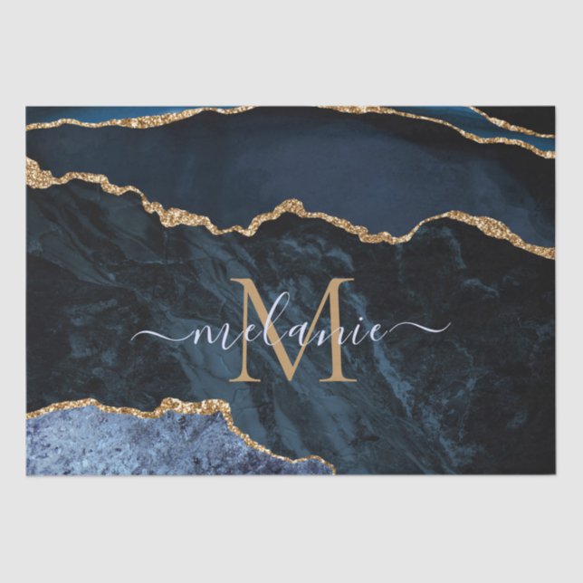 Papier Mousseline LETTRE MARBRE Bleu Or Nom Papier Tissu (Recto)