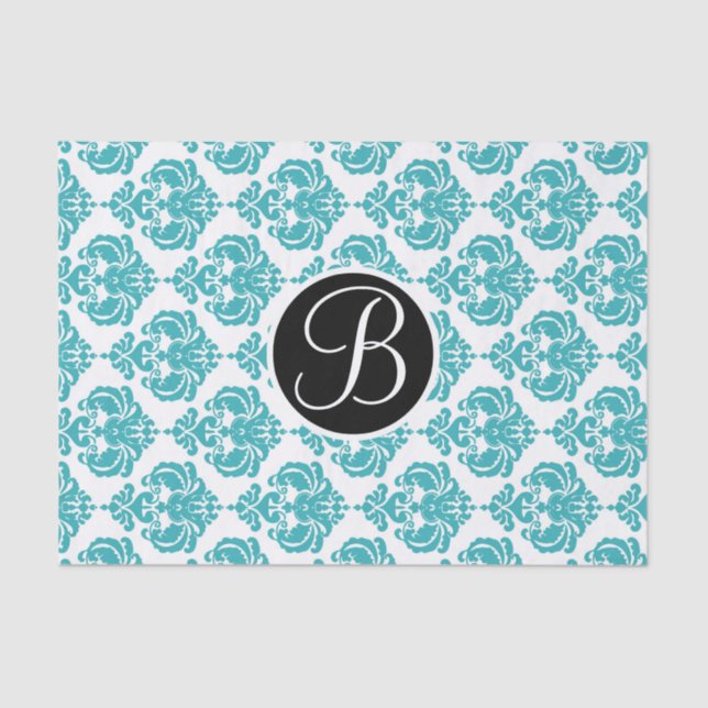 Papier Mousseline LETTRE MONOGRAPHIQUE turquoise Aqua Glam Damask (Recto)