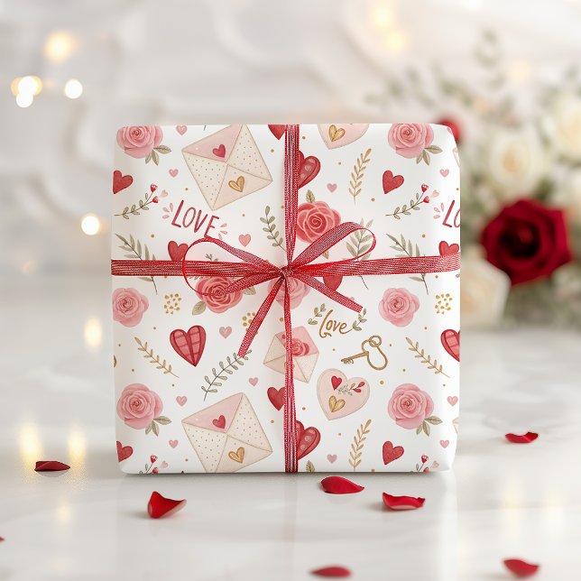 Papier Mousseline Lettres Coeurs rose Valentines Day (valentines day gift wrap)