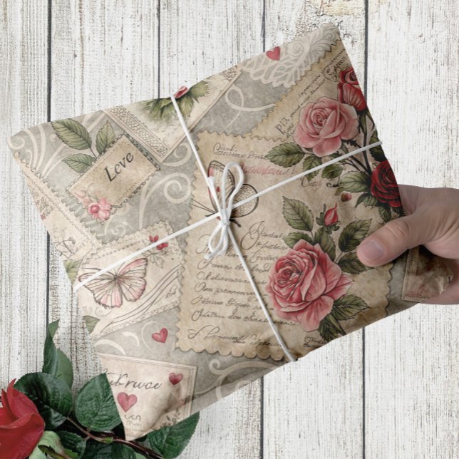 Papier Mousseline Lettres romantiques Vintages Roses Découpage papil (pink vintage roses and butterflies tissue wrapping paper)