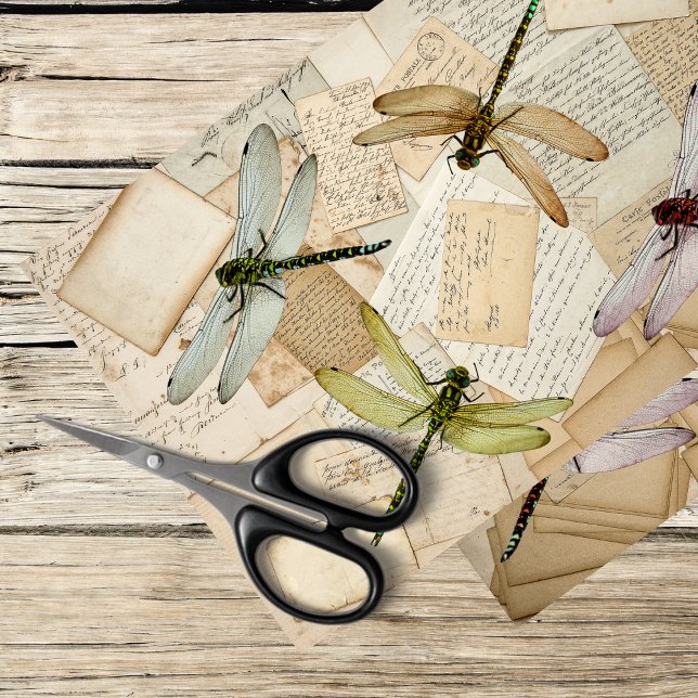 Papier Mousseline Lettres vintages avec libellules (Créateur téléchargé)