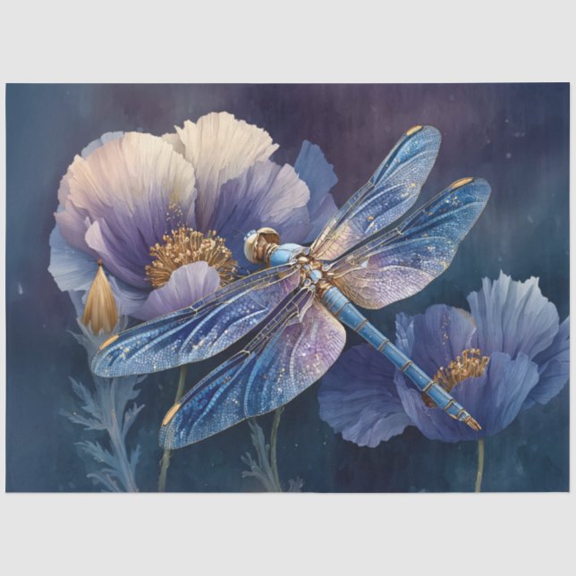 Papier Mousseline Libellule bleue aux ailes dorées découpées (Recto)
